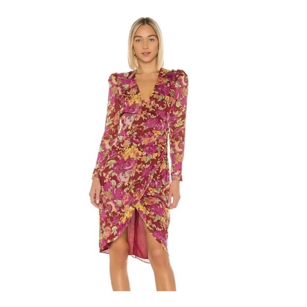 LPA Floral Wrap Dress Burgundy Magenta Metallic Gold Stripe Long Sleeve Small